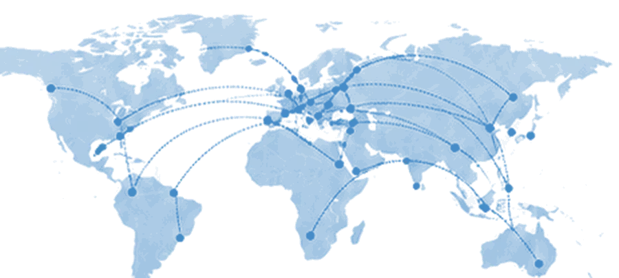 Illustrative world map with trade routes; not a statement of ICC coverage
