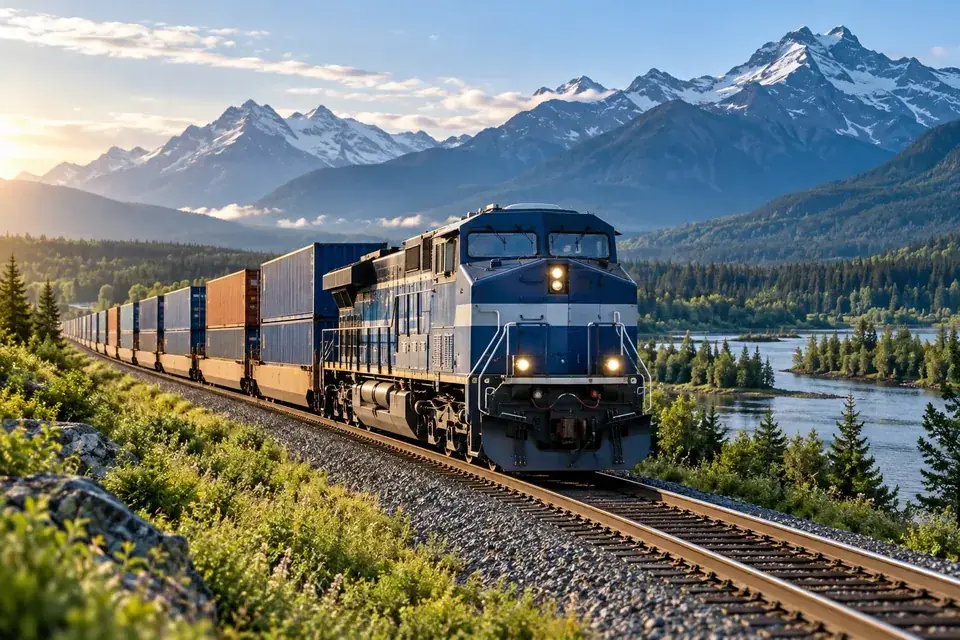 Illustrative freight train in the mountains