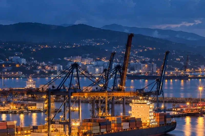Illustrative Black Sea port at dusk