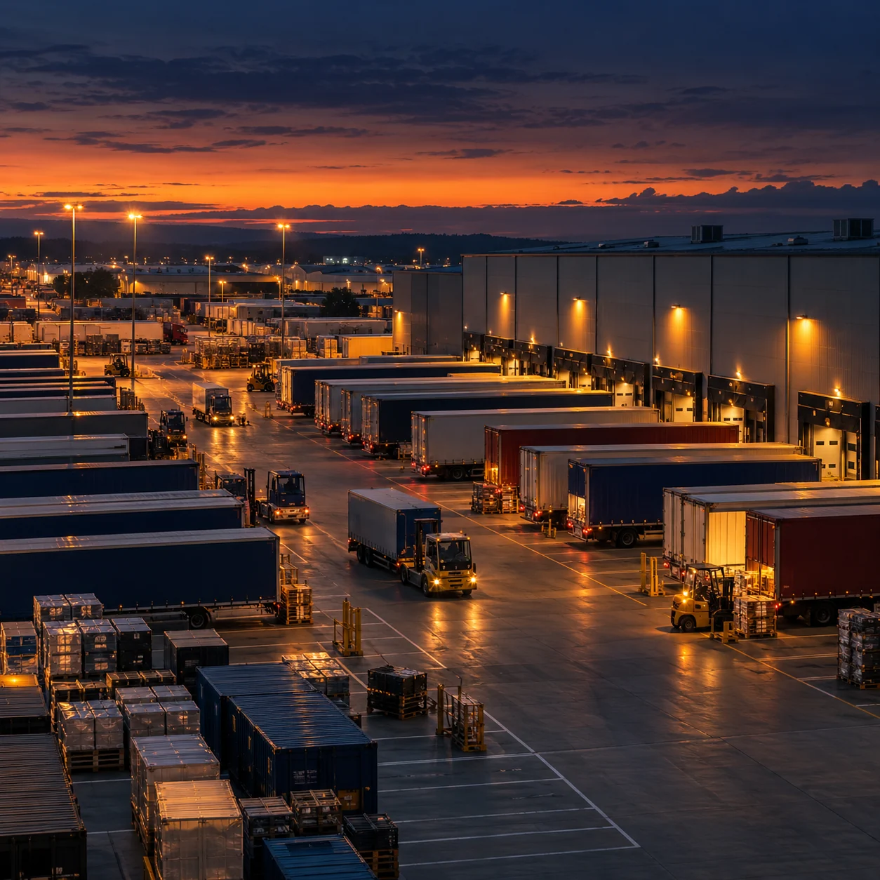 Freight trailers at a logistics terminal at dusk